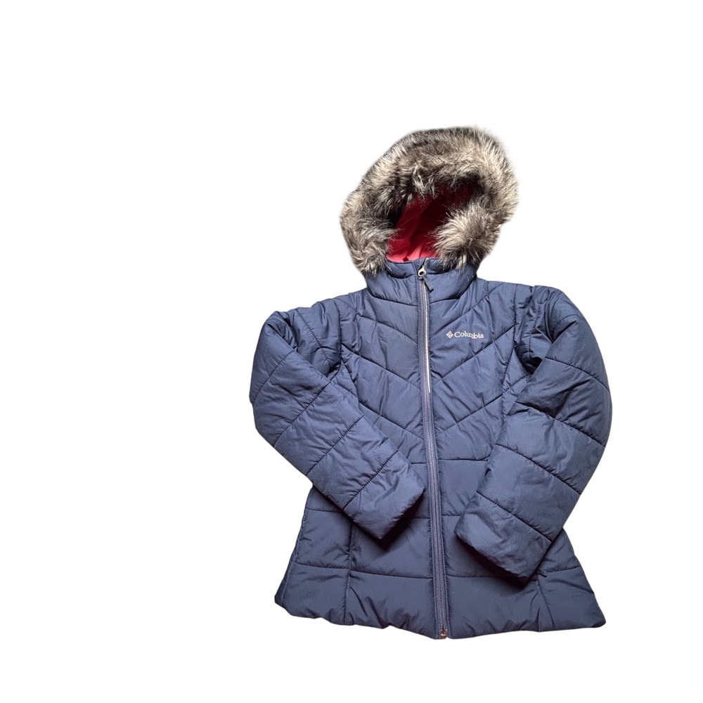 Columbia Girls Winter Coat Navy Pink Faux Fur Hood Quilted Puffer Jacket WG5007